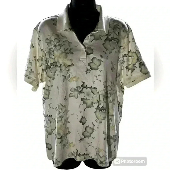 Izod Women's Sz L Classic Cream Floral Cotton Polo - Picture 1 of 6